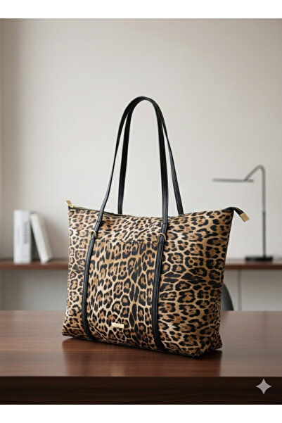 themoiss Leopard Patterned Large Size Women's Hand and Shoulder Bag with Strap