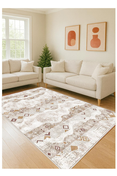 STY Home Krem Dijital Baskı Halı Kaymaz Tabanlı Yıkanabilir Halı Yolluk Salon...