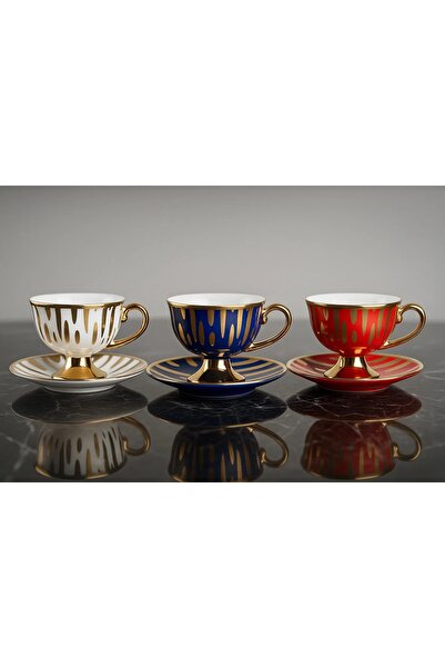 Tantitoni Set of 2 Red Footed Shiny Gold Patterned Lady New Bone Coffee Cup Set