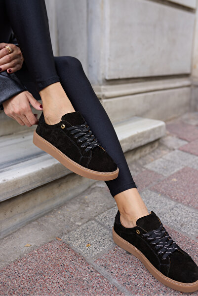 ANGELİNA JONES Raspa Women's Black Genuine Leather Suede Lace-Up Sneaker