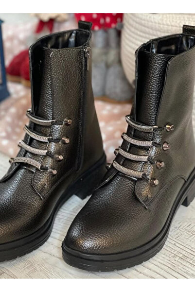 apelles Shoes Frida Dark Platinum Short Boots with Lacing Accessories and Side Zipper