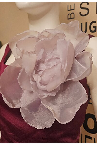 WOWMOM Lila Büyük Çiçek Broş – Şık Tül Kumaşlı Hacimli Aksesuar