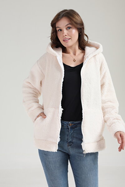 Tight Lady Thick Textured Welsoft Winter Kangru Pocket Hooded Zippered Sweatshirt Cardigan