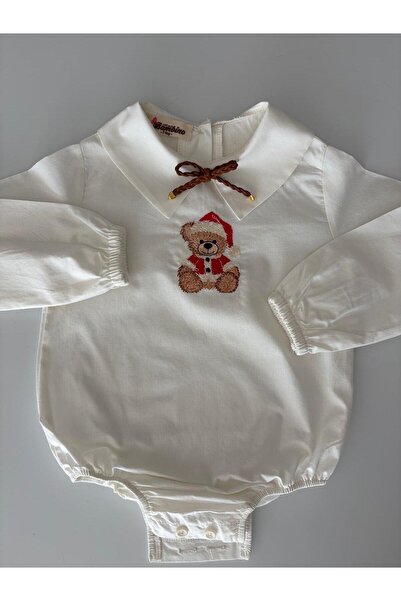 il mio bambino Handmade 100% Cotton Baby Boy Christmas Teddy Bear Embroidered Shirt - Long Sleeve