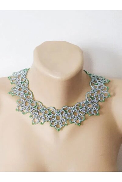 Ileanabiju Colier argintiu cu verde din dantela frivolite, colier dantela arg...