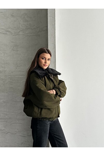 solena sln Women's New Season Quilted Detail Collar Fur-Lined Gabardine Bomber Jacket