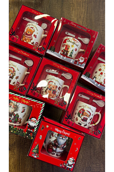 hediye ESTERHOMEDECOR 6’lı Yılbaşı temalı hediyelik kaşıklı porselen kupa küçük boy