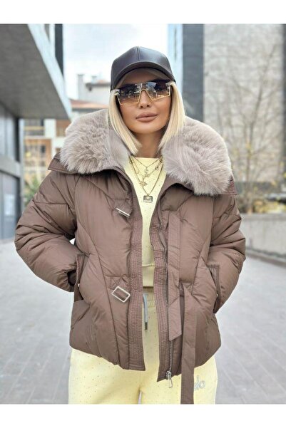 Robin 99899 Πουπουλένιο παλτό με γούνινο γιακά καφέ