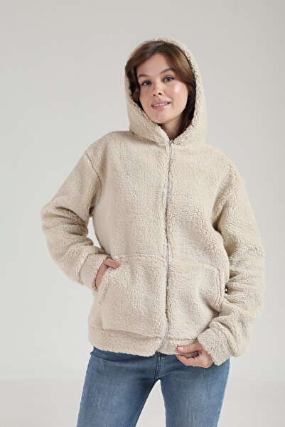 Tight Lady Thick Texture Welsoft Winter Kangru Pocket Hooded Zippered Plush Cardigan