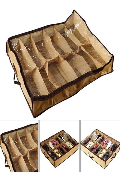 Generic Under-bed shoe storage organizer, 12 compartments, with transparent zipper, brown and beige, non-woven fabric