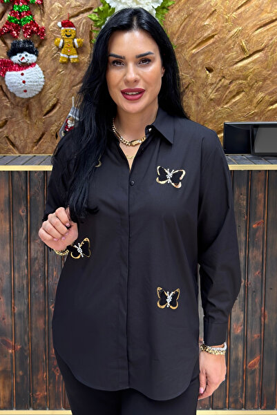 GÖKSEL ÜÇ BOYUTLU İNCİ VE KELEBEK DETAYLI BÜYÜK BEDEN GÖMLEK