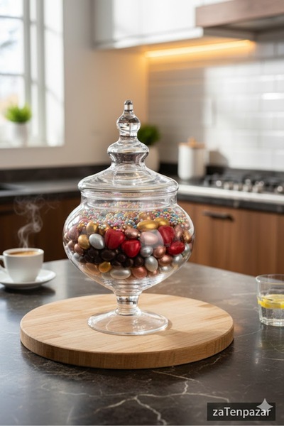 zaTen Pazar Kristal Desenli Ayaklı Kapaklı Cam Drajelik | Dekoratif Bonbonluk...