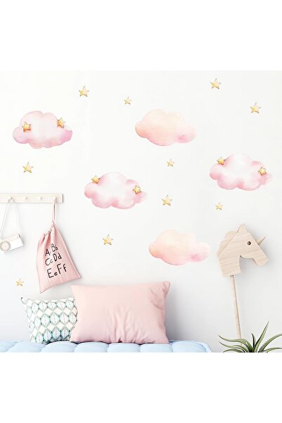 Generic Pink Clouds and Stars Removable Vinyl Wall Stickers for Nursery & Kids Room