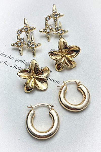 roshel 3 Çift Küpe Çiçek, Halka, Kuzey Yıldızı Set Küpe