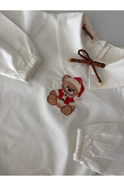 il mio bambino Handmade 100% Cotton Baby Boy Christmas Teddy Bear Embroidered Shirt - Long Sleeve