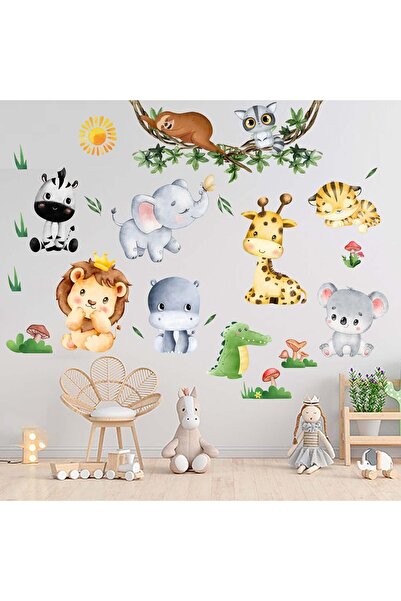 Amimagen Jungle Baby Animals Wall Stickers - Monkeys Lion Giraffe (Large, Multi)