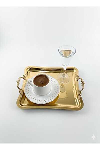 AsKa Home Tekli Parlak Gold Kahve Sunum Tepsisi