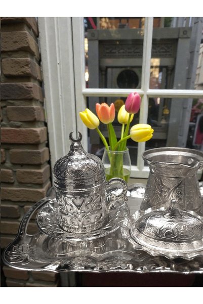 E orient Set of 2 Cups Patterned with Copper Ottoman Motif Turkish Coffee (Silver)