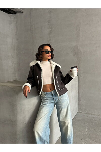 Caddebostan Moda Khaki Cream Women's Plush Suede Jacket Modern Premium Luxury Trend Design Coat