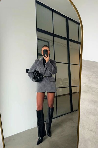 FMN Butik astarlı sakallı kaşe peluş tasarım kemerli pinterest şık cep detay blazer ceket kaban