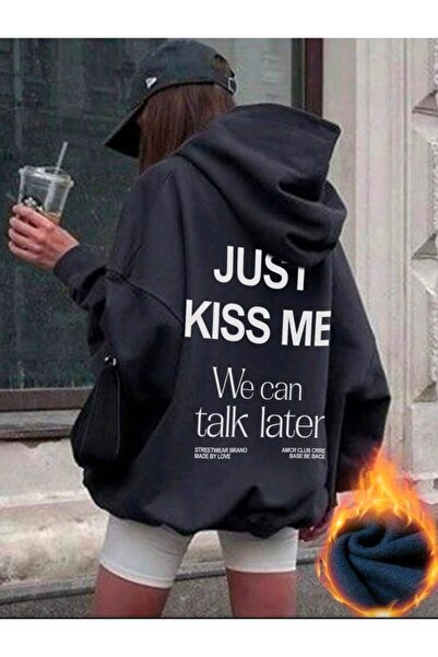 Elvino سترة Just Kıss Me مطبوع للنساء/الرجال للجنسين قصة فضفاضة بغطاء رأس مكو...