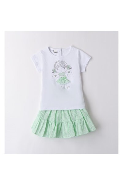 İDO I Do - Set fustă și tricou pentru fete cu imprimeu, 4.B551, Verde/Alb, 7 ani