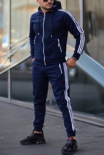 EXCLUSIVE STYLE Men's tracksuit made of thick navy blue cotton with white stripes - FULL DG