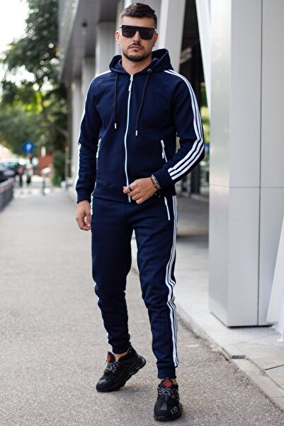 EXCLUSIVE STYLE Men's tracksuit made of thick navy blue cotton with white stripes - FULL DG