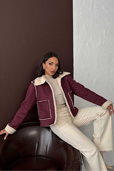 Caddebostan Moda Burgundy Women's Plush Suede Jacket Modern Premium Luxury Trend Design Coat