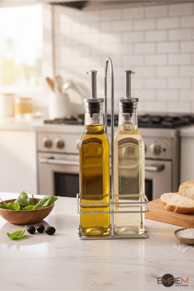Paslanmaz Kapaklı Cam Yağdanlık & Sirkelik Seti (2 x 300 ml) – Metal Standlı