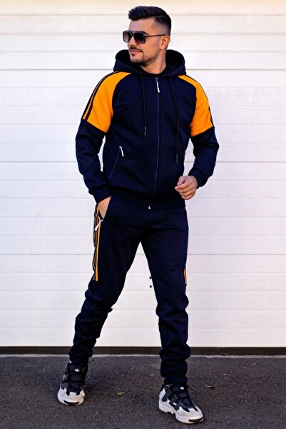 EXCLUSIVE STYLE Men's navy/orange cotton tracksuit with black stripes - HALF DG