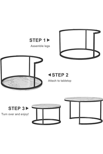Twinkle Mart Modern Nesting Coffee Table Set of 2, Round Marble Slab Top with Robust Steel Frame (White, 70+50cm)