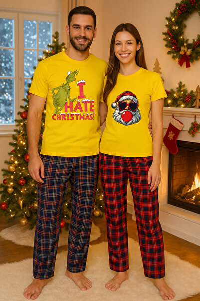 MVRDAR Pijamale cuplu - set Craciun in doi Grinch cu tricou si pantaloni de p...