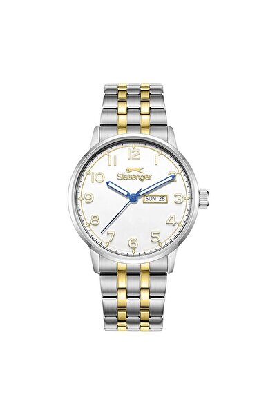 Slazenger ساعة يد رجالية SL.09.2560.2.06 – 43 ملم – سوار فولاذي فضي وذهبي – ت...