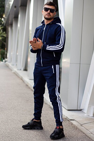 EXCLUSIVE STYLE Men's tracksuit made of thick navy blue cotton with white stripes - FULL DG