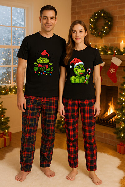 MVRDAR Pijamale cuplu - set Craciun in doi Grinch cu tricou si pantaloni de p...