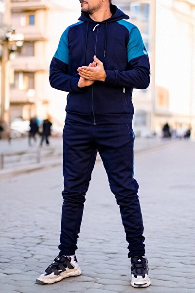 EXCLUSIVE STYLE Men's navy/turquoise cotton tracksuit with white stripes - HALF DG