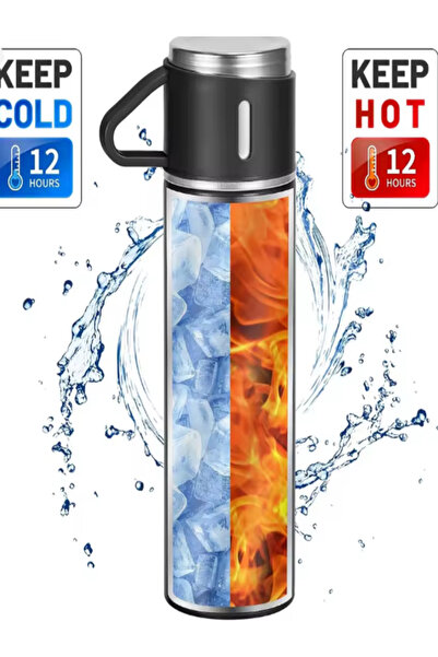 OEM Stainless Steel Thermos Set 500ml, Insulated, Leakproof, 3 Cups Included, Keeps 12h Hot/Cold, Black