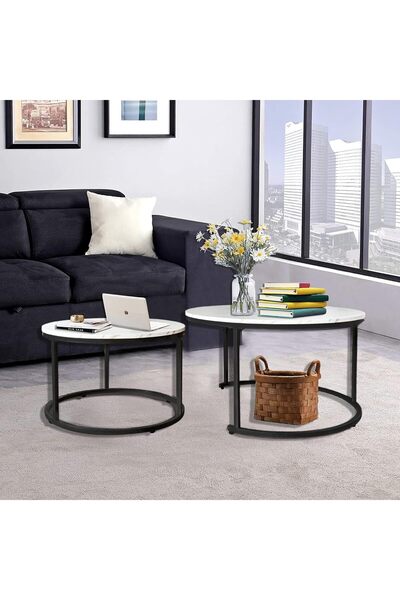 Twinkle Mart Two Contemporary Nesting Coffee Tables with Wood Sides and Metal Frames - White