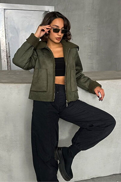 Caddebostan Moda Khaki Women's Plush Suede Jacket Modern Premium Luxury Trend Design Coat