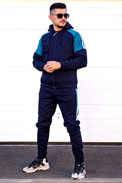 EXCLUSIVE STYLE Men's navy/turquoise cotton tracksuit with white stripes - HALF DG