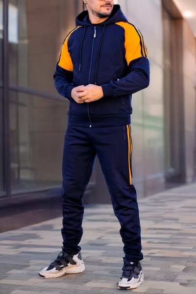 EXCLUSIVE STYLE Men's navy/orange cotton tracksuit with black stripes - HALF DG