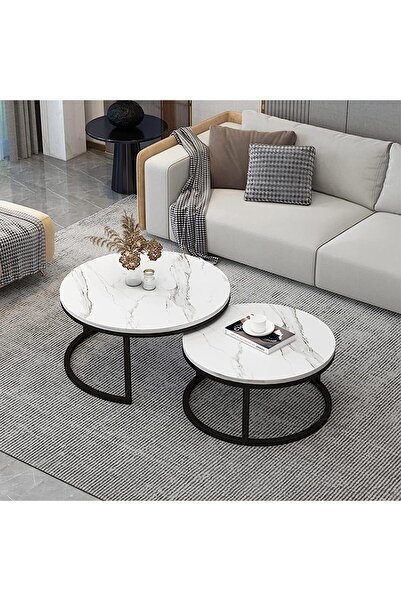 Twinkle Mart Nesting Coffee Table Round Nesting Table Set of 2 Marble Top Steel Frame (White, 70+50cm)