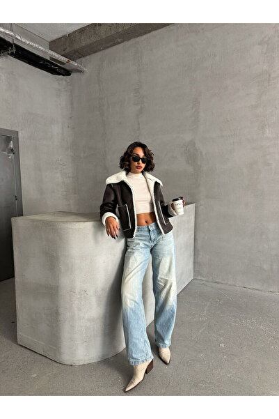 Caddebostan Moda Khaki Cream Women's Plush Suede Jacket Modern Premium Luxury Trend Design Coat