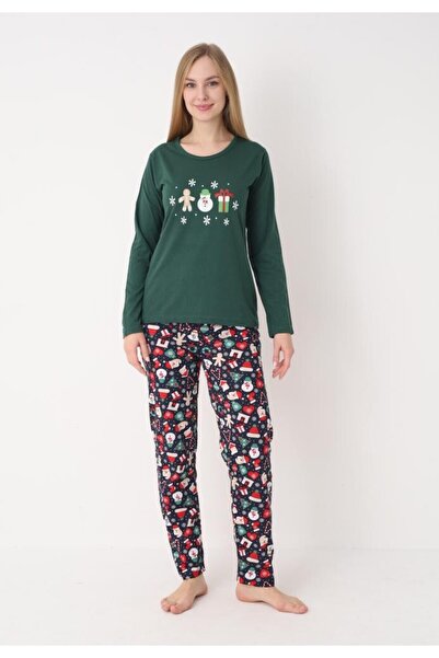 TOSKI Pijama damă de Crăciun verde cu om de zăpadă, mânecă lungă și pantaloni...