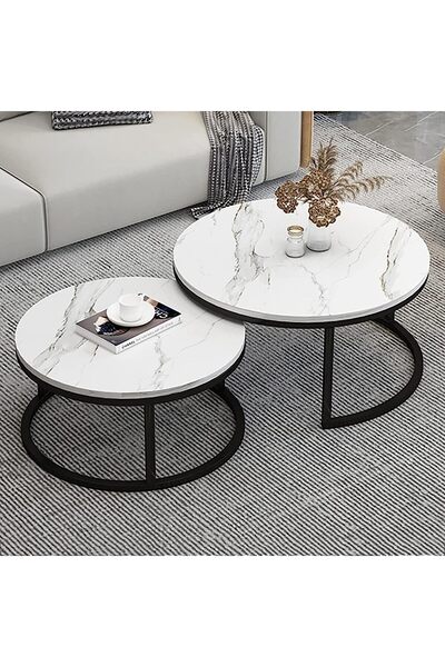 Twinkle Mart Nesting Coffee Table Round Nesting Table Set of 2 Marble Top Steel Frame (White, 70+50cm)