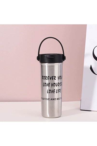 OEM Stainless Steel Thermos Bottle with Motivational Message, Lid with Handle, Reusable, Silver