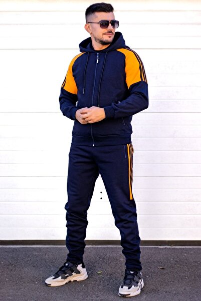 EXCLUSIVE STYLE Men's navy/orange cotton tracksuit with black stripes - HALF DG