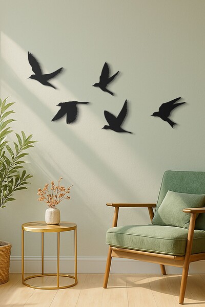 İmvulart 5’li Uçan Kuşlar Metal Duvar Dekoru – Modern Minimalist Duvar Süsü -...
