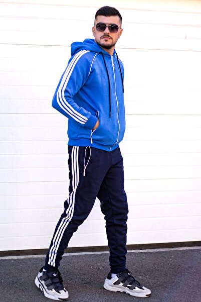 EXCLUSIVE STYLE Men's blue/black cotton tracksuit with white stripes - Full DG